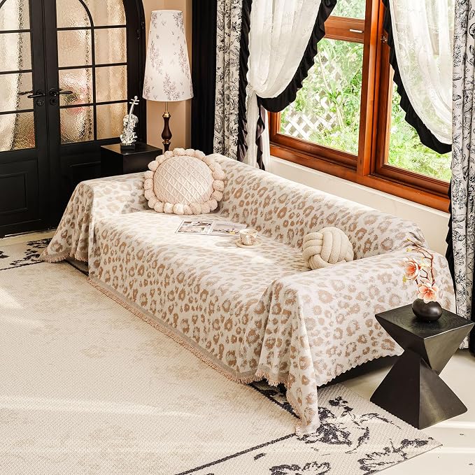 VClife Bohemian Sofa Cover for Dog, Aesthetic Leopard Couch Cover for 3 Cushion Couch Sofa, Skin-Friendly Breathable Furniture Protector, Cute Animal Theme Sofa Slipcover Futon Cover for Dog, Khaki - Image 5