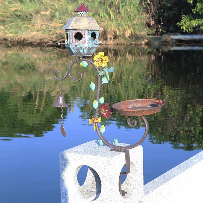 Deck Bird Bath, Metal Bird Bath and Bird Houses, Deck Mounted Bird Bath | Detachable and Adjustable Sturdy Deck Bird Bath for Outdoor Porch Yard Garden Decoration by HLQMFHT
