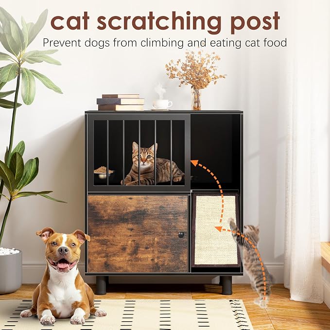 Dog-Proof Wood Cat Feeding Station with Lockable Storage & 2 Removable Stainless Steel Bowls - Anti-Spill Cat Condo with Scratching Board for Indoor Multi-Pet Homes - Image 2