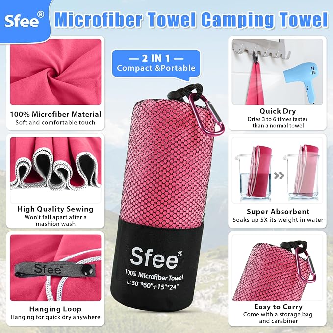 Sfee 2 Pack Microfiber Travel Towel, Quick Dry Towel Camping Towel Large Beach Towel Super Absorbent Compact Lightweight Sports Towel Gym Towel Set for Beach, Gym, Hiking, Pool, Backpacking,Bath,Yoga - Image 2