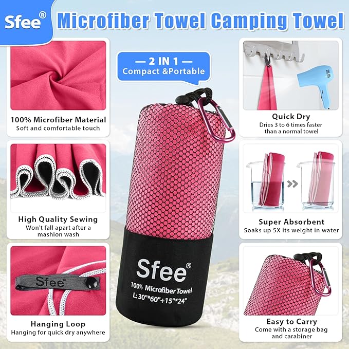 Sfee 2 Pack Microfiber Travel Towel, Quick Dry Towel Camping Towel Super Absorbent Compact Lightweight Sports Swim Gym Beach Towels Set for Gym, Hiking, Pool, Backpacking, Bath, Yoga - Image 2