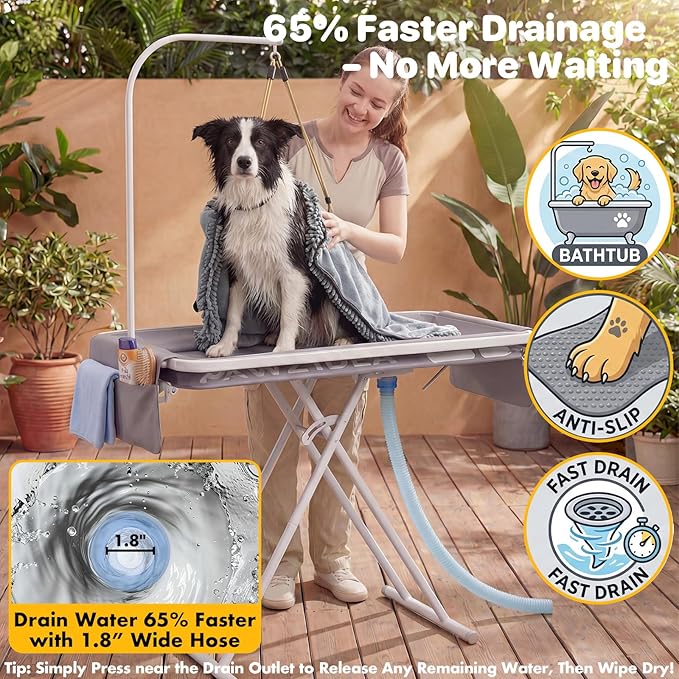 PAWZIDEA 2-in-1 Dog Bath Tub & Grooming Table 43" for Medium to Large Dogs | 5 Height Adjustable Elevated Dog Bathtub, Foldable Washing Station w/ Grooming Arm &1.8" Fast Drain, up 150lb,Indoor Outdoor - Image 6