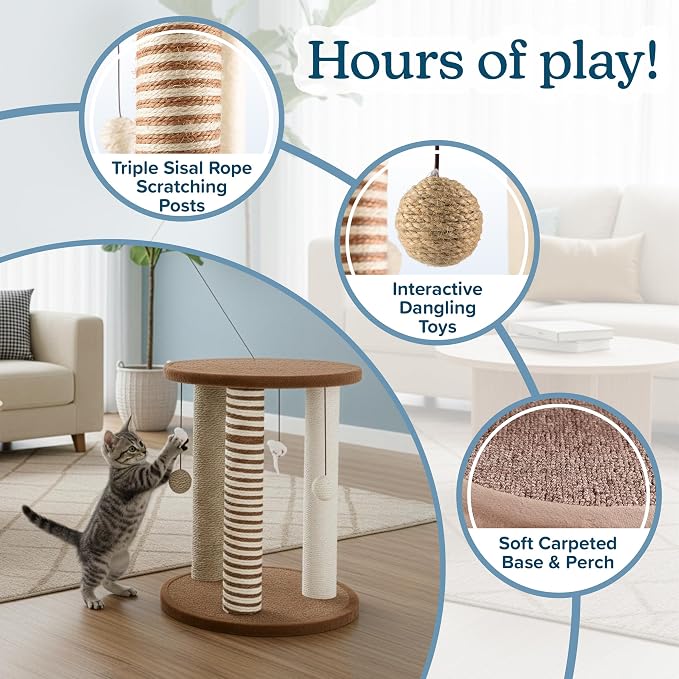Cat Scratching Post - 3 Scratcher Posts with Carpeted Base Play Area and Perch - Furniture Scratching Deterrent for Indoor Cats by PETMAKER (Brown), Large - Image 2