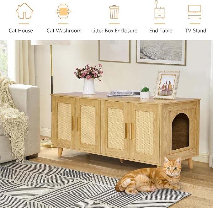 Homhedy Boho Cat Litter Box Enclosure for 2 Cats, Natural | Hidden Litter Box Furniture with Double Rattan Decorated Doors, Cat Washroom, Cat House, Dog-Proof, TV Stand - Image 5