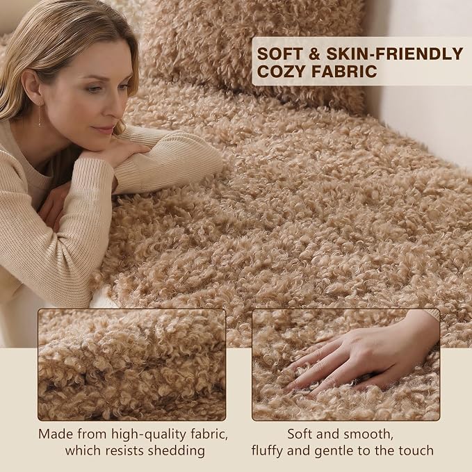 OHSIO Couch Cover for Pets, Washable Non-Slip Sofa Cover Pet Friendly, Soft Fuzzy Teddy Fleece Sofa Slipcover for 3-4 Cushion Sofa Furniture Protector (Light Brown, 27.6" x 82.6") - Image 4