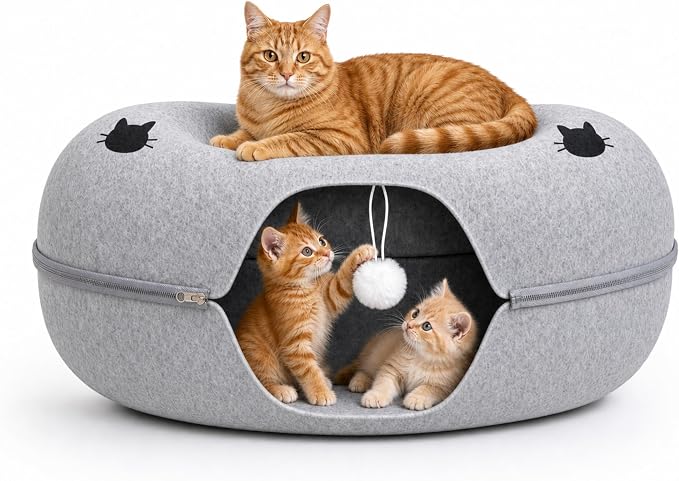 Cat Tunnel Bed - Comfort Bedz Large Donut Cave for Cats, Felt Enclosed Hideaway with Zipper, Top Perch, Interactive Toy, Washable Indoor Cat House by Unknown
