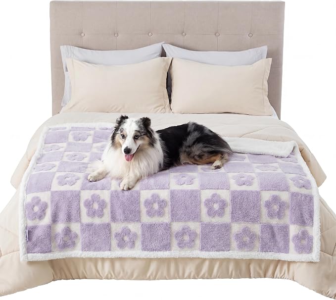 LE SURE Waterproof Dog Blankets for Large Dogs Cute Cozy 3D Jacquard,50x60 | Warm Soft Pet Blanket for Senior Dogs Aesthetic Gift, Washable Sherpa Throw,Reversible Couch Protector,Lavender Flower Checks - Image 6