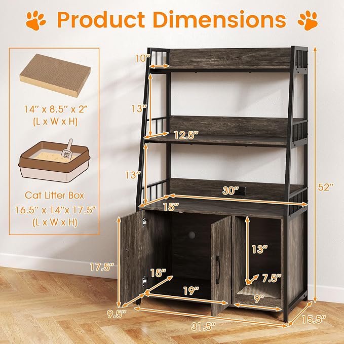 PETSITE Cat Litter Box Enclosure with Storage Shelves, 52 Inches Tall Hidden Litter Box with Charging Station, Scratching Board, and Winding Entry (Grey) - Image 4