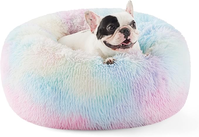 Bedsure Calming Small Dog Bed Donut Washable Cat＆Puppy Bed,23 inches | Fluffy Faux Fur Round Cuddler,Anti-Slip Bottom,Anti-Anxiety,Deep Sleeping for Large Cat & Pets Up to 25 Lbs,Multi Color by Unknown