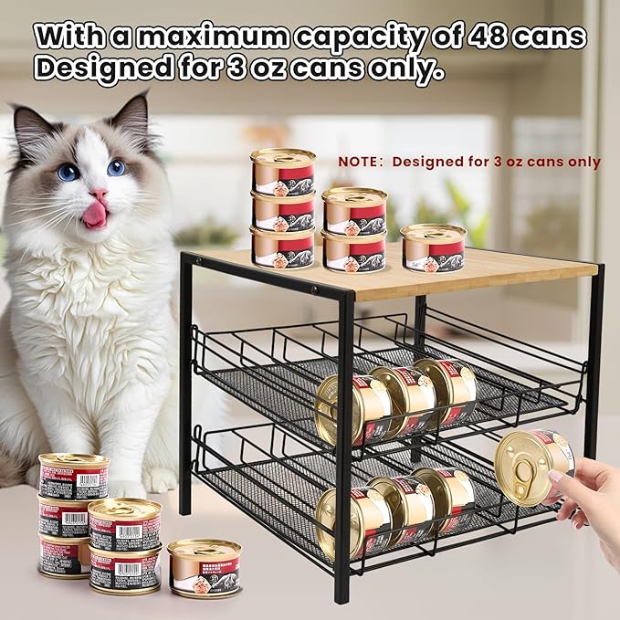 Bamboo & Iron Cat Food Organizer for Pantry, 2-Tier Can Stackable Storage Rack Holds 48 (3oz) Cans, Flat Top for Extra Storage, Automatic Slide-Down Perfect for Pet Food Cans - Image 6