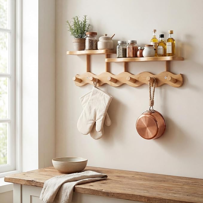 Wave-Shaped Bamboo Coat Rack Wall Mount with Shelf - Modern 6-Hook Rack | Modern Sculptural Wave Decor, Organic Wood Wall Organizer with Storage Shelf, Eco-Friendly Coat Rack for Hanging Bags, Keys - Image 8
