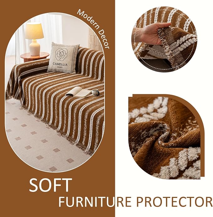 VClife Sofa Cover Bohemian Striped Pattern Couch Cover for 2 Cushion Sofa - Caramel Brown Creamy White Textured Sofa Slipcover Washable Furniture Protector for Couch Decorative Couch Cushion Cover - Image 6