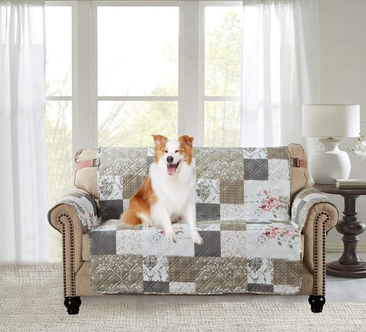Brilliant Sunshine Pink Rose & Grey Toile Loveseat Cover, 54" seat | Patchwork Design, Non Slip Sofa Cover, Quilted Furniture Protector, Large Washable Love Seat Slipcover for Pets, Dogs by BrilliantSunshine