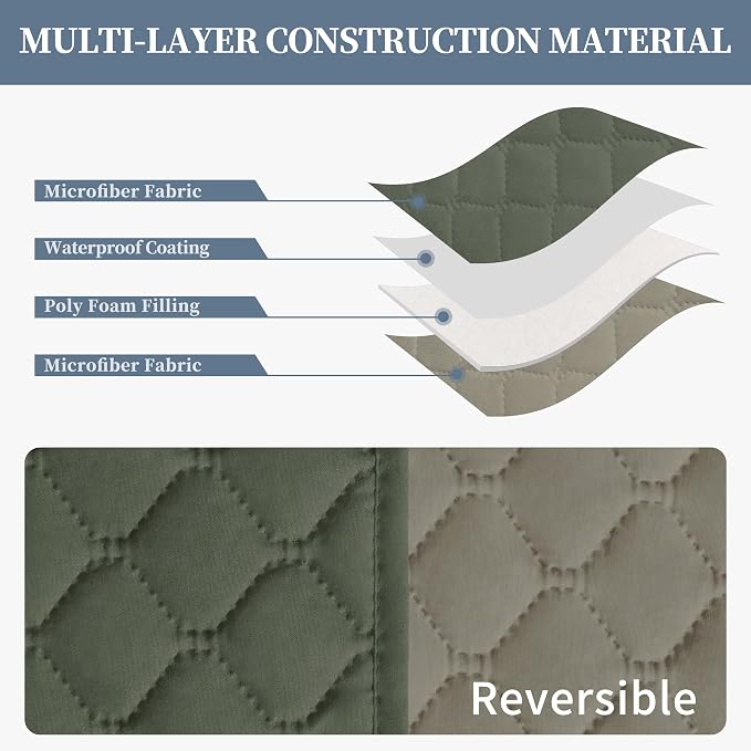 ISSUNTEX Double Protection 100% Waterproof Recliner Covers for Living Room, Reversible Furniture Protector Recliner Couch Sofa Slipcover for Dogs, Pets, Kids (Recliner, Greyish Green/Beige) - Image 4