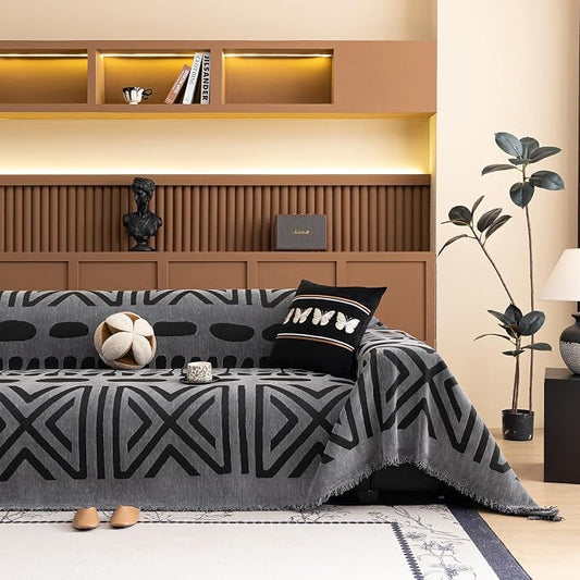VClife Bohemian Oversize Sofa Cover Washable, Non Slip Chenille Couch Cover for 3-4 Cushion Couch Sofa Pet Furniture Protector Modern Tribal Black Gray Sofa Slipcover for Sectional Couch 71''x150'' by VCLIFE