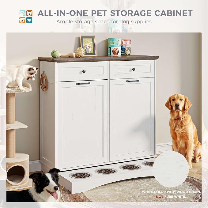 FIMELLO 39.7’’W Dual Doors Dog Food Storage Cabinet, Tilt-Out Dog Feeding Station with 4 Feeding Bowls, Pet Feeder Cabinet, White Grain - Image 5
