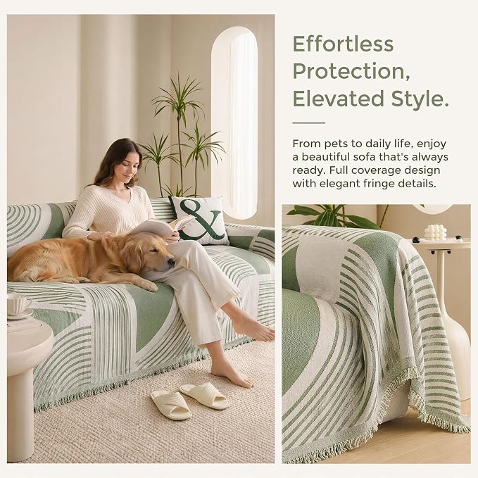 Sofa Blanket and Couch Covers for Dogs - Scratch-Resistant Chenille Protector, Anti-Slip Modern Furniture Shield, Washable All-Season 71"x91",Green - Image 3