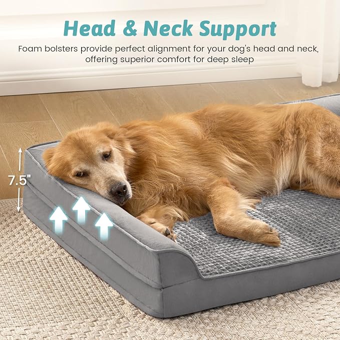 COZY KISS Orthopedic Dog Bed for Large Size Dog, XL Dogs Crate Bed, L Shaped Foam Anti-Slip Bottom Pet Cat Sofa with Washable Removable Cover, Suitable for Pet Up to 100 lbs, 42x30x7.5 inch, Grey - Image 4
