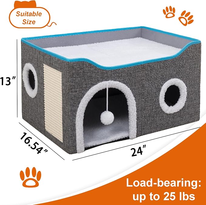 Loyareal Cat Houses for Indoor Cats - Large Cat Bed Cave with Scratch Pad and Fluffy Ball, Foldable Cat Condo Hideaway with Reversible Cushion for Multi Small Pet, Light Grey - Image 5