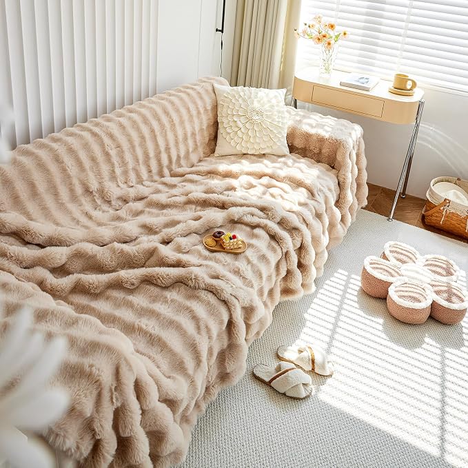 Soft Warm Light Tan Plush Sofa Cover Premium Faux Fur Couch Cover | Solid Non Slip Fluffy Sofa Slipcovers Washable Furniture Protector for Kids, Dogs, L Shaped Sofas, Large, 71''x118'' - Image 7