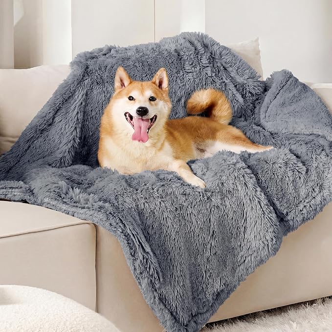 Bedsure Waterproof Dog Blankets for Medium Dogs, Fluffy Faux Fur, 40x50 | Plush Fuzzy Reversible Pet Blankets for Couch and Dog Bed,Soft Calming Throw Cat Blanket Washable, Dog Gift, Grey - Image 2