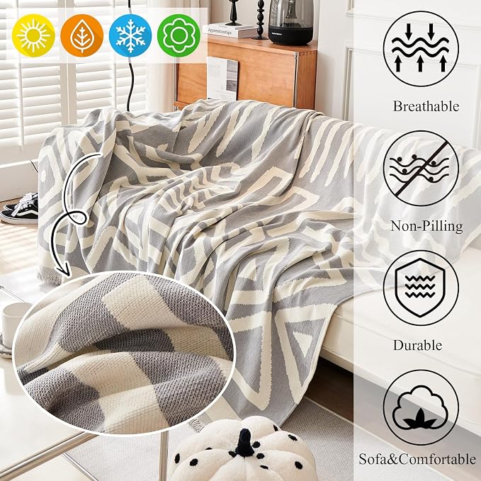 91" x118" Soft Chenille Couch Cover with Grey Geometric Pattern for 1-2 Cushion Couch Reversible 1 Piece Sofa Cover Furniture Protector with Tassels for Dogs Cats Scratching Washable - Image 4