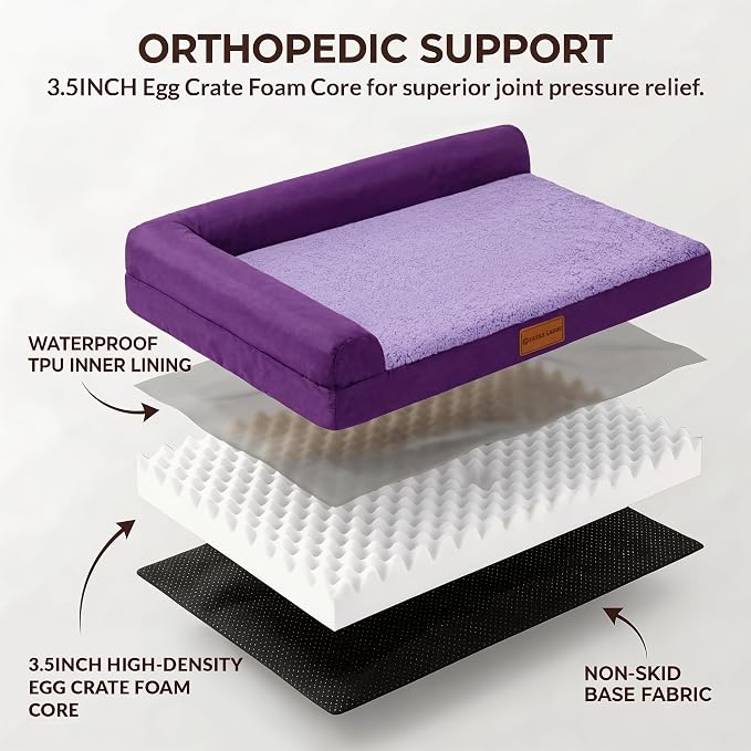Patas Lague Orthopedic Large Dog Bed Pet Sofa Beds 48''X30''Purple | L Bolster Egg-Crate Foam Dog Couch For Large Sized Dogs, Waterproof Removable Washable Cover, Pet Mat with Nonskid Bottom - Image 4