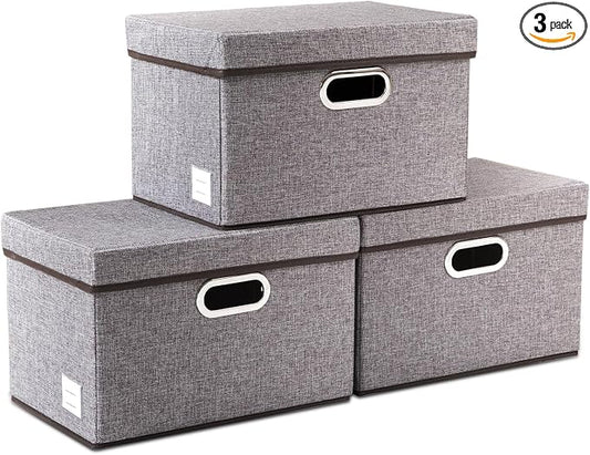 PRANDOM Foldable Storage Boxes with Lids [3-Pack] Linen Fabric Collapsible Storage Bins Organizer Containers Baskets Cube with Cover for Home Bedroom Closet Office Nursery (14.9x9.8x9.8) by Prandom