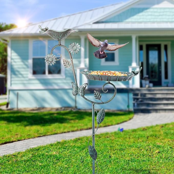 MUMTOP Bird Bath and Feeder for Outdoors, 53in Height Metal Birdbath Green | Antique Garden Bird Feeder and Bath with Stable Metal Stake for Outside Yard Lawn Decor, Metal Garden Bird Water Station - Image 6