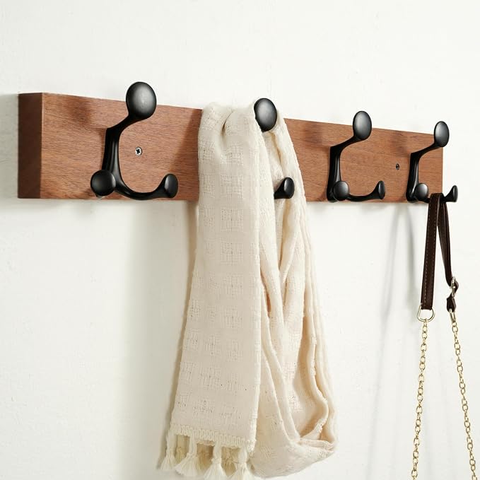 SKOLOO 24-Inch Wood Coat Rack Wall Mount with 4 Triple Hooks - Ideal for Family Entrances, Classrooms, and Pet Supplies Storage - Perfect Coat Hooks for Wall,Mahogany (Sapele) - Image 2