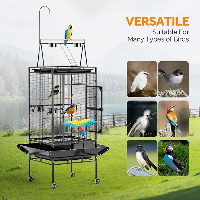 VINGLI 83 Inch Bird Cage with Play Top, Large Wrought Iron Bird Cage with Wheels, Rolling Parakeet Cage with Removable Tray for Cockatiels Lovebird Finches Canaries - Image 7