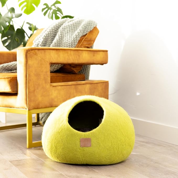 Best Aesthetic Cat Bed - Premium Felted Wool Cat Cave Bed - Cozy Peekaboo Round Cave for Large or Small Cats (Large, Citrus Green) - Image 3