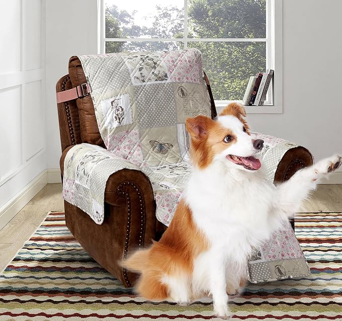 Brilliant Sunshine Grey Cupid & Pink Roses Couch Recliner Cover, 28" seat | Patchwork Design, Non Slip Sofa Cover, Furniture Protector, Large Washable Reclining Chair Slipcover for Pets, Dogs & Cats by BrilliantSunshine