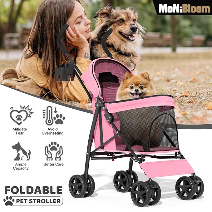 MoNiBloom 4 Wheels Pet Stroller, Easy-Fold Puppy Cage Jogger Stroller with Sun Cover, Pad and Rear Storage Bag, Breathable and Visible Mesh for Small/Medium Pets up to 22 lbs, Pink