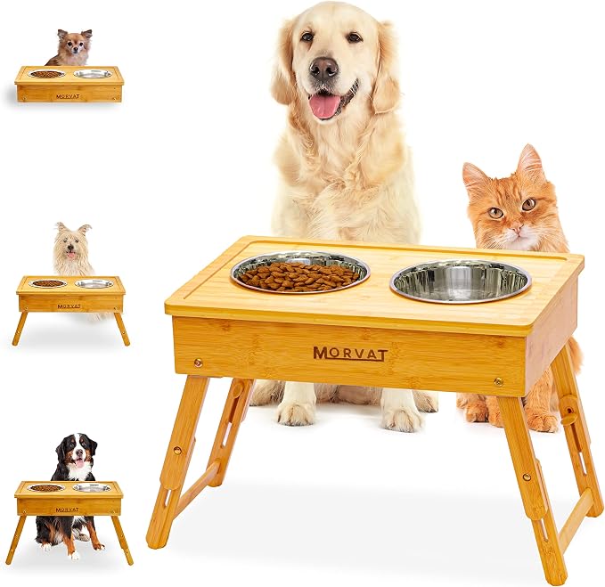 Morvat Raised Bamboo Wood Double Pet Feeder, Adjustable to 3 Heights, Elevated Feeding Station Stand for Small Medium & Large Dogs Puppies & Cats, Includes 4 Stainless Steel Food & Water Dish Bowls by Morvat