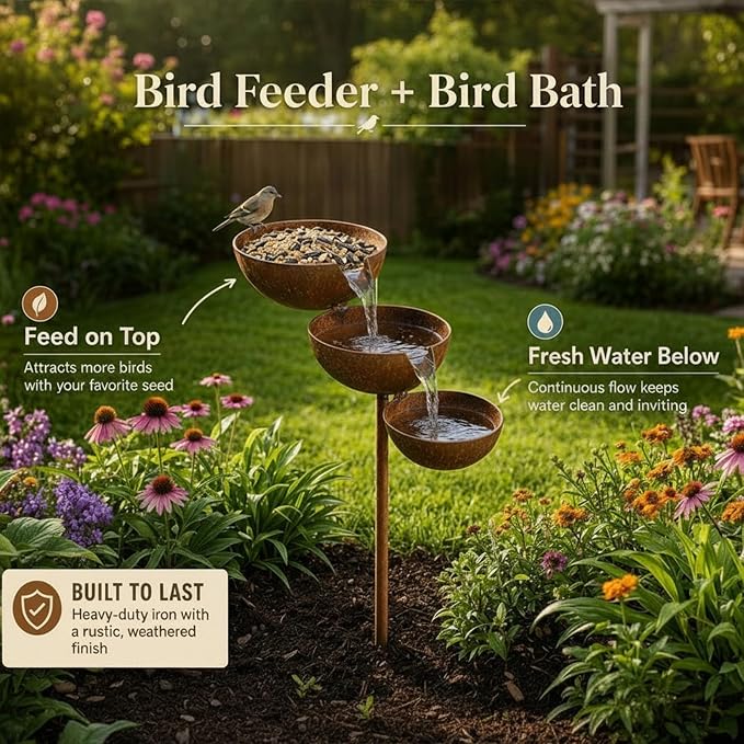 Multi-Tier Rain Catcher Garden Stake Bird Bath for Outdoors - Rustic Metal Bee Watering Station, Decorative Flower Garden Stakes for Lawn Yard Landscaping (Natural Rust Color) - Image 2