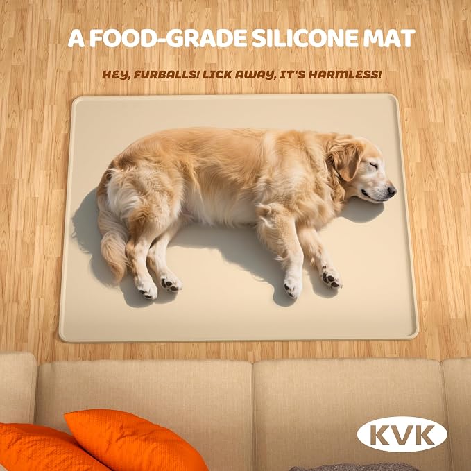 KVK Extra Extra Large Silicone Dog Food Mat 39.4×43.3in and 128oz Silicone Bag Set, Super Size Waterproof Pet Feeding Mat & Container, Non-Slip, Chew-Resistant Floor Protection (Beige&Yellow) - Image 3