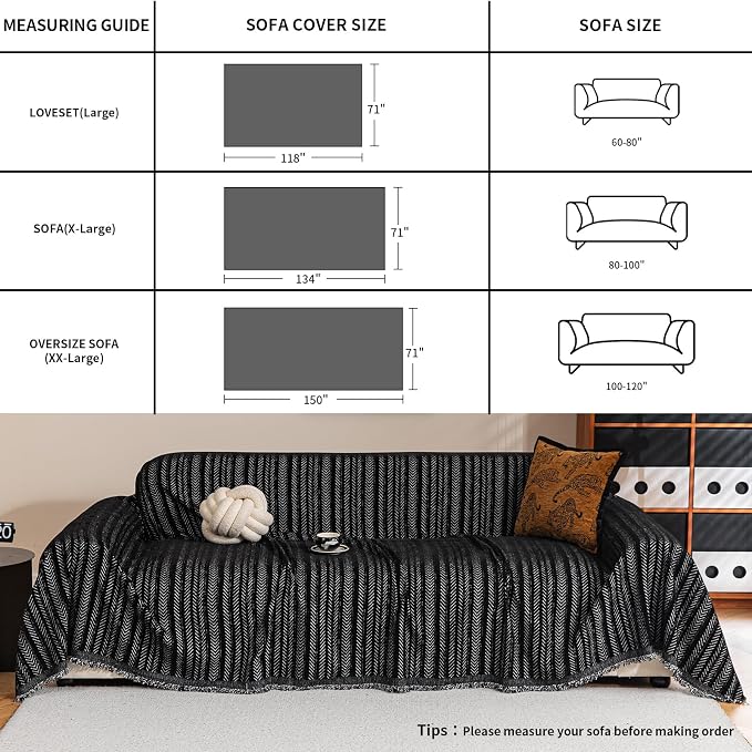 Sofa Covers for 2 Cushion Couch Sofa, Loveseat Non Slip Couch Cover Chenille Strip Couch Throw Blankets with Tassels, Sectional Sofa Slipcovers Furniture Protector for Pets, Kids 71"x118", Black - Image 4