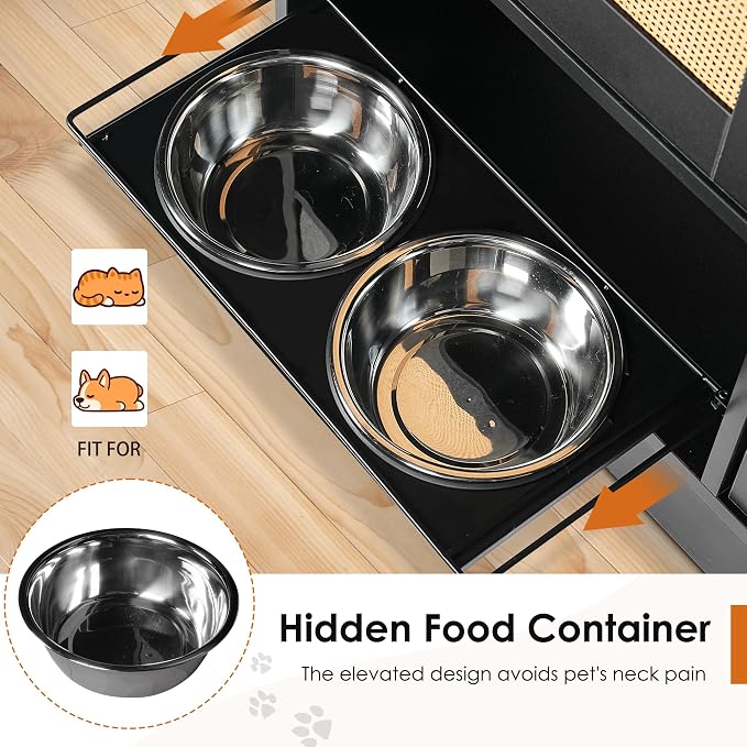 Feeding Station with 2 lockers, pet Feeding Station with 2 Elevated Dog Bowls, Side Hooks, Anti-Tipping kit, Hidden pet Feeding Station for Feeding and Watering, Rattan Door, Black - Image 6