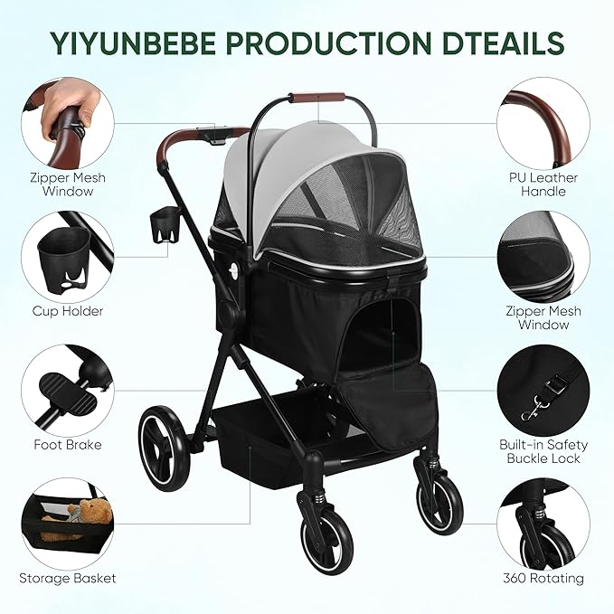 Foldable Dog Stroller, 3 in 1 Pet Stroller for Small Medium Dog Cat up to 50lbs, Detachble Portable Pet Bag, Storage Basket and One-Button Folding Frame