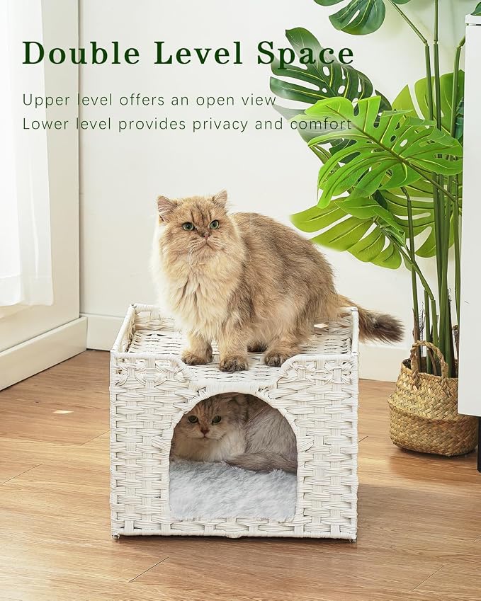 SETVSON Cat Beds Indoor Kitten House, Handwoven Rattan Cave, White | 2-in-1 Kitty Condo with Top Perch & Bottom Cave, Furry Canvas Dual Cushion, 2 S-Hooks, Steel Frame, 16.5x16.5x13.2 In - Image 2