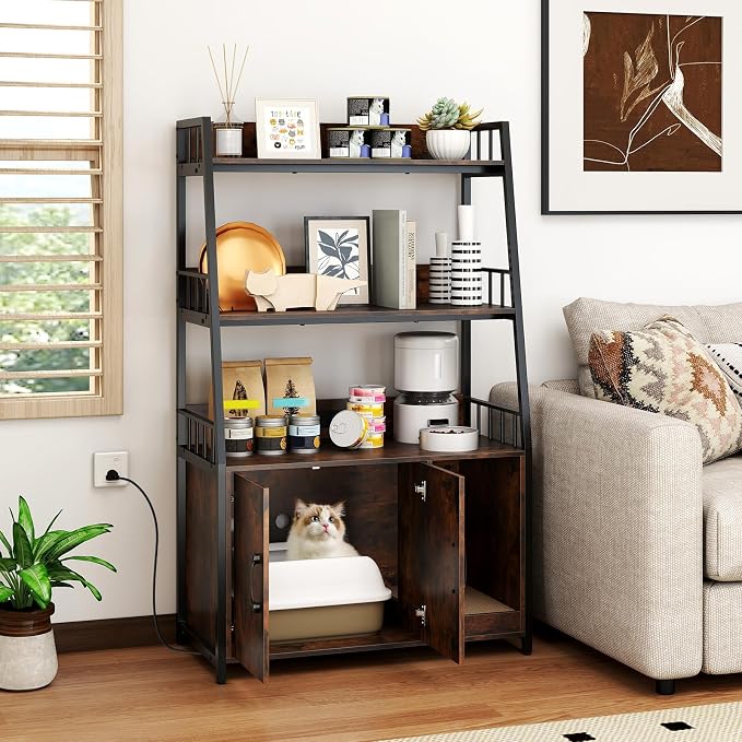 PETSITE Cat Litter Box Enclosure with Storage Shelves, 52 Inches Tall Hidden Litter Box with Charging Station, Scratching Board, and Winding Entry (Rustic Brown) - Image 3