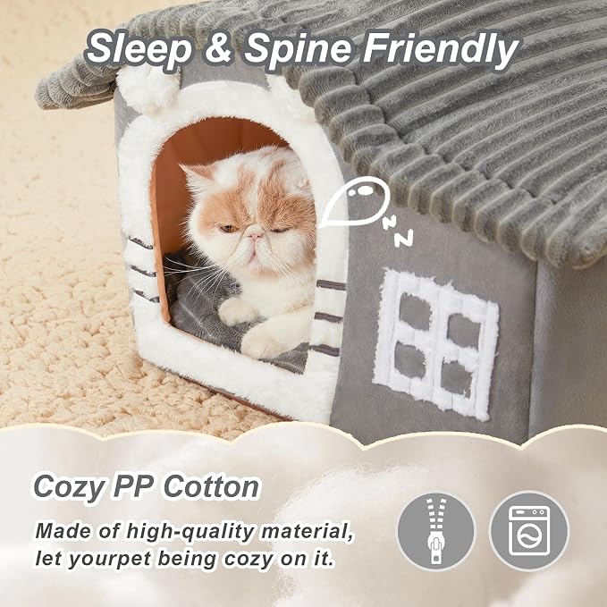 Jiupety Bear Cat Houses for Indoor Cats, Chimney Cute Cat Bed Cave, Enough Interior Space, Cartoon Soft Pet House Up to 3-10 lbs Kitten, Gray - Image 3