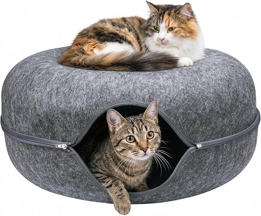 Cat Tunnel Bed for Heavy Big Cats up to 45 lbs - 24" Donut Cat Bed for Multi-Cat Home - Premium Detachable Zipper Felt Anti-Scratch Cat Cave Bed - Roomy Non-Collapsing Cat Hideaway & Peekaboo Toy by Unknown