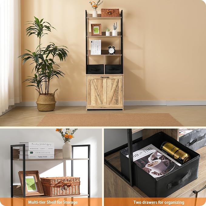 Dwanton Litter Box Enclosure with 3 Storage Shelves and 2 Drawers, 2-in-1 Hidden Cat Litter Box Enclosure Furniture with Shelf, Reversible Entrance, Washable Drawers, 61.8-Inch, Greige - Image 4