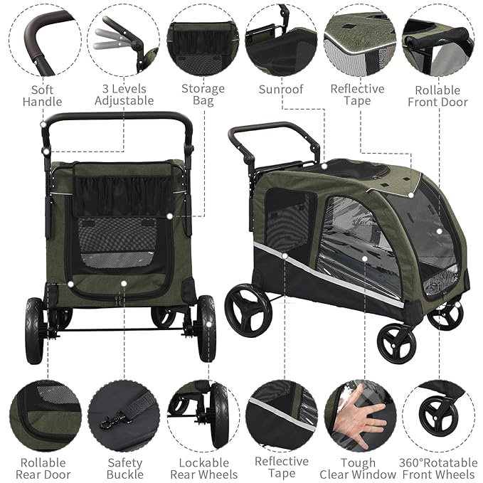 Dog Stroller for Large Dogs, Extra Large Pet Stroller for Medium Dogs, Dog Wagon Carriage, Foldable Design, Adjustable Handle, with Pocket, Up to 160 lbs, Green