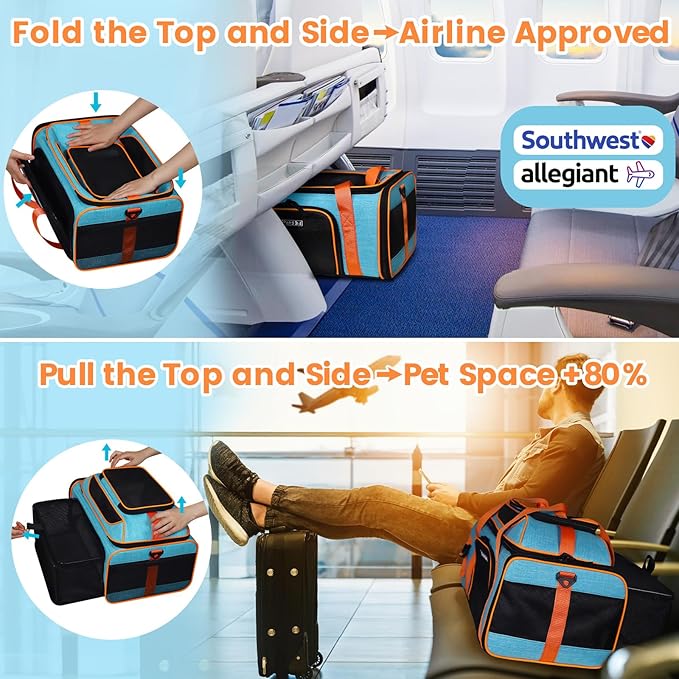 Petskd Top and Side Expandable Pet Carrier 19x13x9 Inches Southwest Allegiant Airlines Approved, Soft-Sided Carrier for Small Dog Under 12 lbs and Large Cat Under 15 lbs(Blue)
