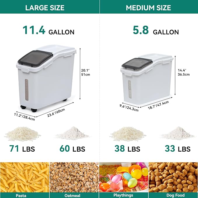 YITAHOME 65L/117lbs Large Ingredient Storage Bins, Commercial 11.4+5.8 Gal Rice Flour Storage Container, Organizer Storage Bin with Measuring Cup, Scoop and Wheels for Kitchen, White & Black Lid - Image 8
