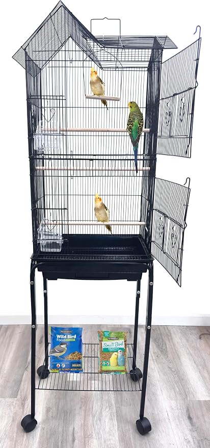 63" Roof Top Bird Flight Parrot Pet House Home Cage with Removable Rolling Stand for Cockatiel Sun Conure Parakeet Finch Budgie Lovebird Canary - Image 3