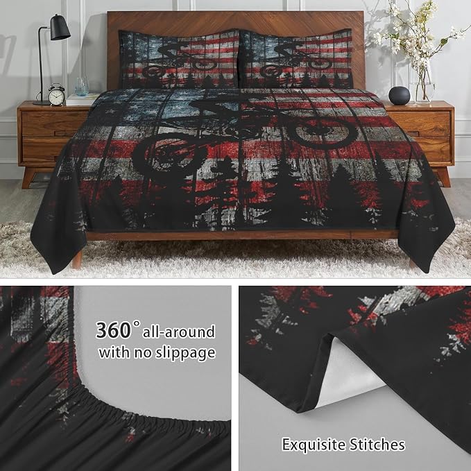 WeCozy Queen Size Bed Sheet Sets with Pillowcases, American Flag Vintage Motocross 4 Pcs Soft Microfiber Bedding for Kids and Adults, Motorcycle Flat, Fitted Sheet for Bedroom Bed Decor - Image 5